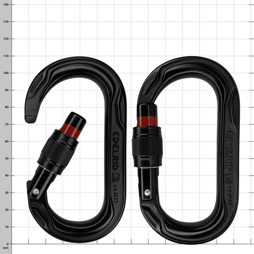 Oval Power 2500 Screw d’Edelrid, deux mousquetons ovales noirs, l’un ouvert avec bague de retenue rouge, l’autre fermé, tous deux avec capuchon à vis et moletage fin sur la culasse