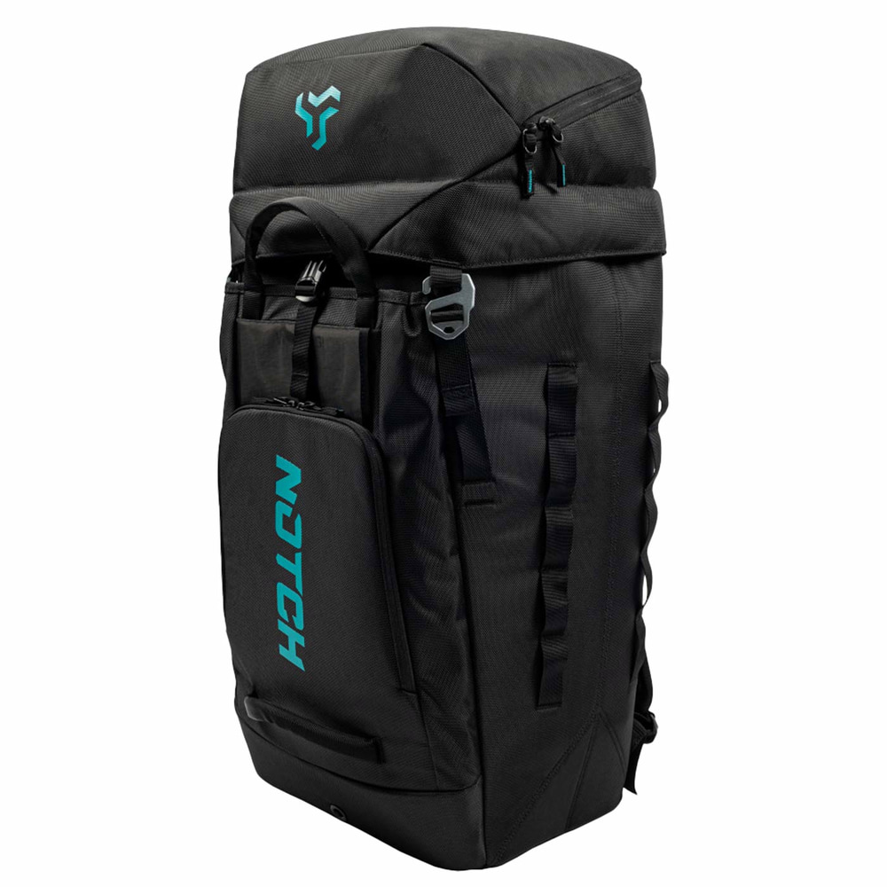 Sac à dos Hauler 70 noir avec inscription NITOH turquoise sur la poche avant et logo turquoise sur la partie supérieure du sac à dos