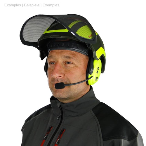 Système de communication PROTOS® BT-COM porté par un homme portant des vêtements de protection noirs et jaunes et un casque avec dispositif de communication intégré et microphone sur la tête