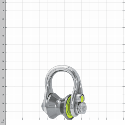 Ultra Link Small d’ISC, une manille argentée avec un rouleau gris en forme de tambour au centre et un bouton jaune sur le fermoir