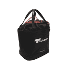 Bucket Mule de Teufelberger, sac rond noir avec deux poignées noires et fermeture à cordon rouge, devant avec logo Teufelberger blanc et inscription « AMBASSADOR LINE »