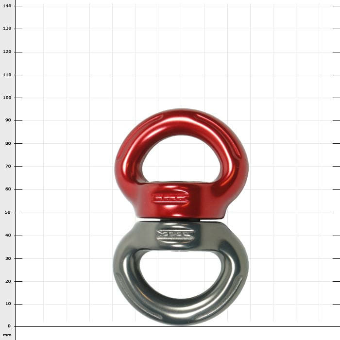 Axis Swivel L, un point de connexion pivotant avec anneau métallique rouge et gris, nom du produit visible