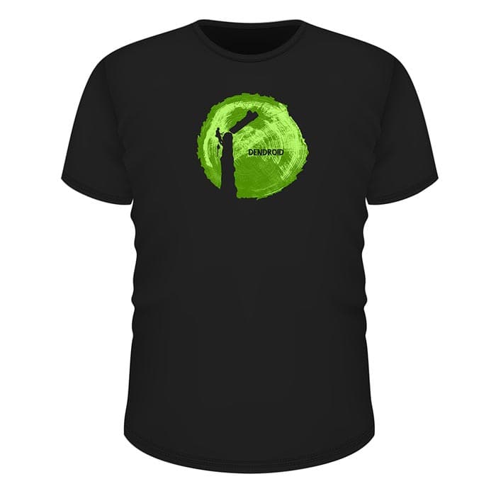 T-shirt noir « Go Big or Go Home » avec section transversale d’un tronc d’arbre vert et grimpeur d’arbre noir, texte « DENDROID » sur le devant, fabricant non visible
