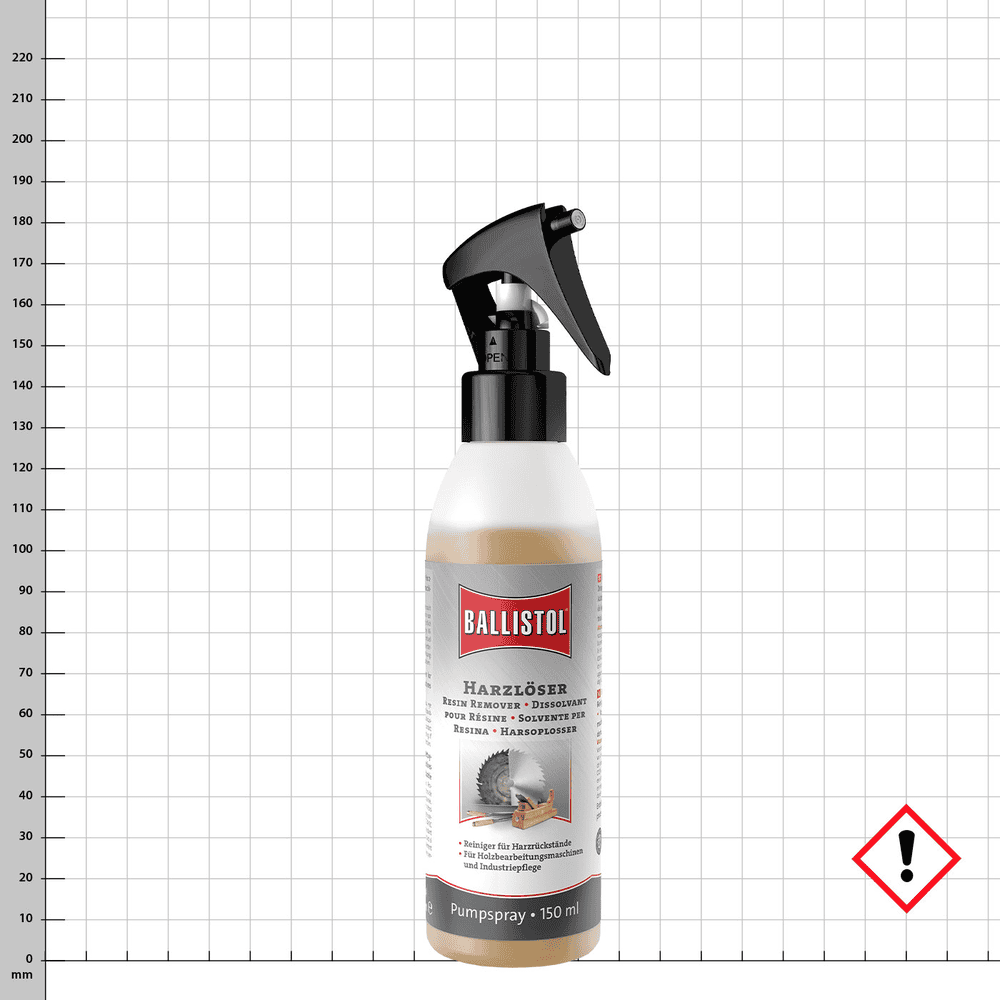 Spray pour pompe à solvant à base de résine Ballistol 150 ml avec tête de pulvérisation noire et étiquette grise avec logo Ballistol rouge et image d’une scie circulaire et d’une raboteuse sur fond blanc