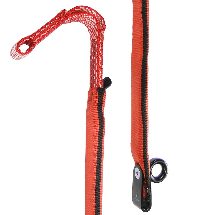 ZipAbsorber TwinLine, gros plan de la corde de sécurité rouge avec bande noire, œillet métallique et boucle en maille en haut
