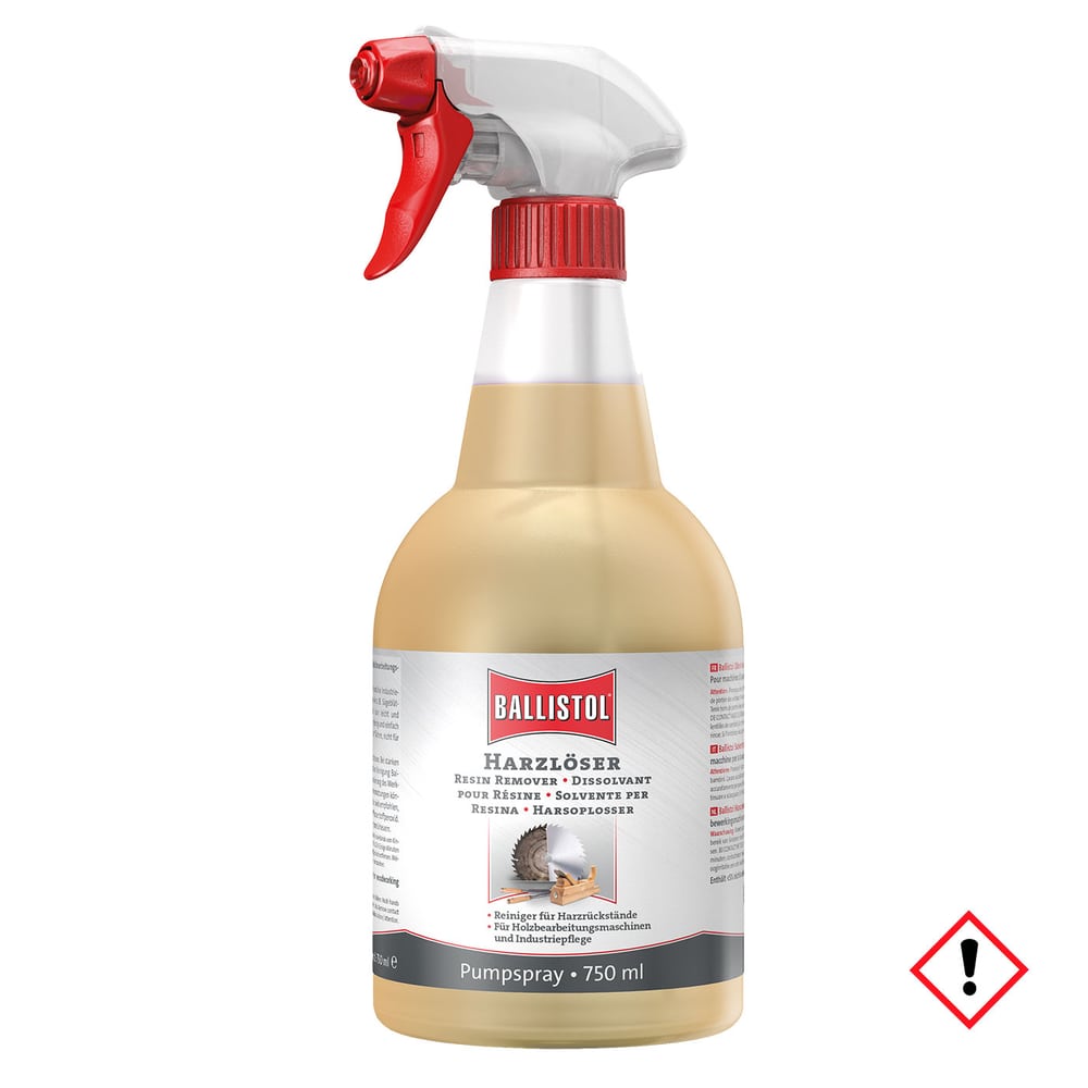 Dissolvant de résine Ballistol 0.75 Spray à pompe dans un flacon en plastique transparent avec tête de pulvérisation rouge et étiquette blanche avec logo Ballistol rouge et informations sur le produit, contenu 750 ml