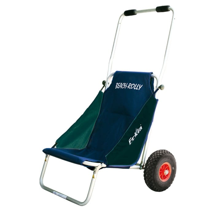 Fauteuil roulant de plage Beach Rolly avec tissu bleu-vert et cadre en aluminium, deux grands cerceaux rouges sont visibles