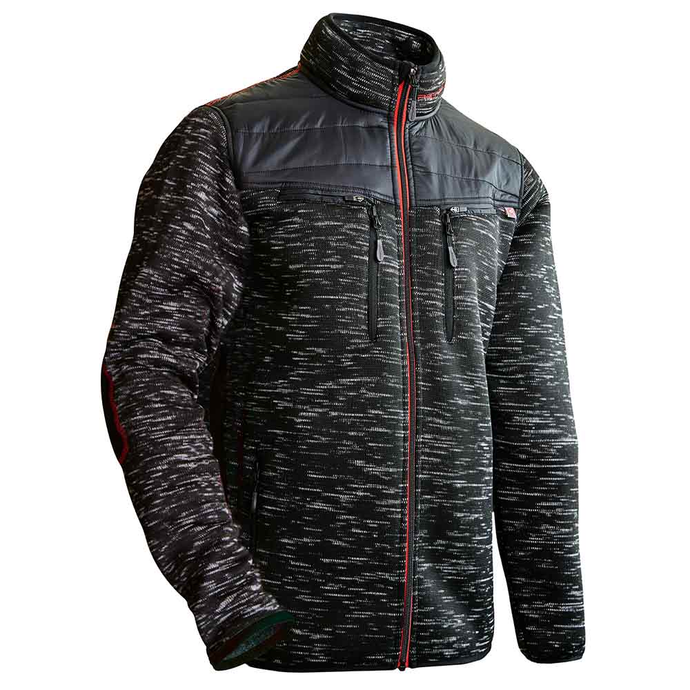 Veste d’hiver inuite en noir-gris avec accents rouges, col montant et fermeture éclair