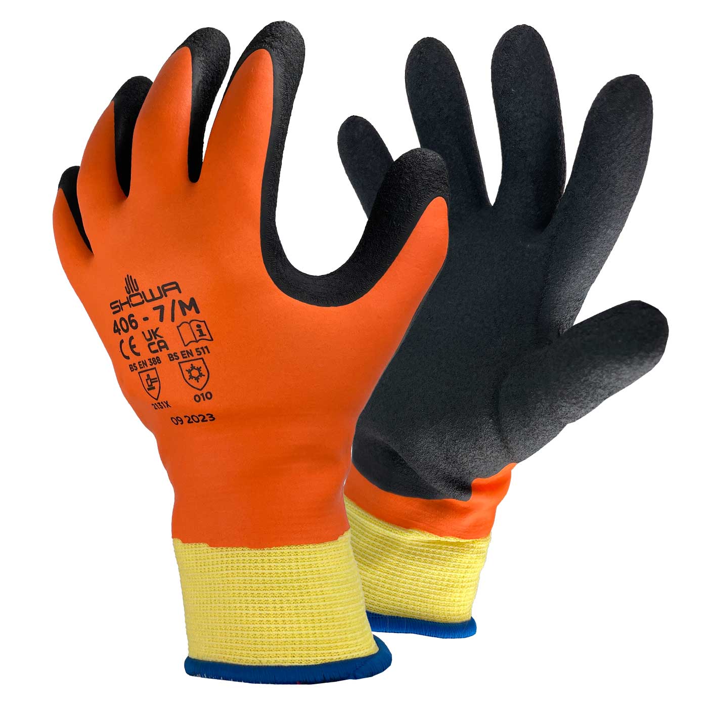 Showa 406 Gants de travail en orange et noir avec revers jaune, visible à l’avant et à l’arrière