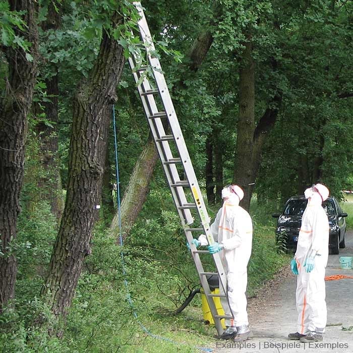 Deux personnes vêtues de combinaisons de protection EPS Guard blanches avec des rayures orange, des gants bleus et des masques de protection se tiennent à côté d’une échelle dans la forêt, des arbres et une voiture peuvent être vus à l’arrière-plan