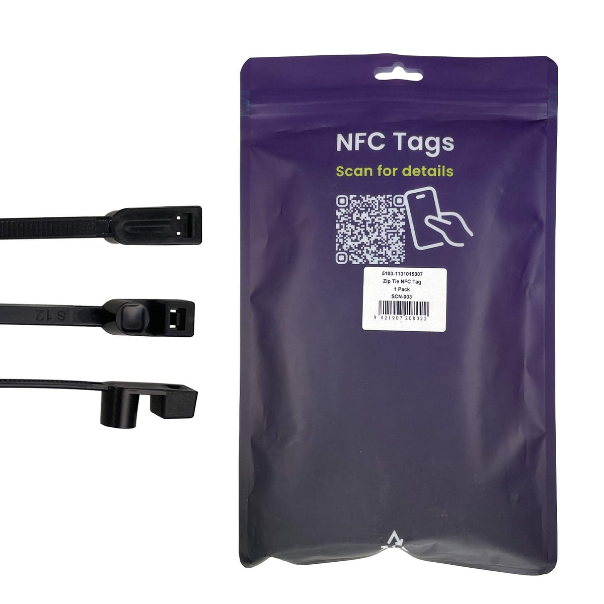 Colliers de serrage NFC Tag, dos de l’emballage avec un fond violet, un code QR, le texte « NFC Tags Scan for details » et une étiquette blanche avec des informations sur le produit, à côté de laquelle trois colliers de serrage noirs en différents gros pl