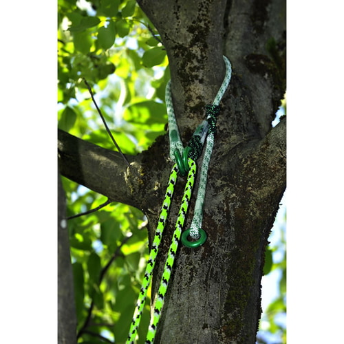 Corde multiSAVER blanc-vert avec anneaux métalliques verts et deux cordes jaune-noir, attachée à un arbre