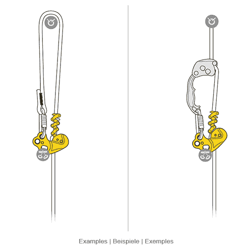 Deux schémas du système de câbles Petzl ZigZag dans différentes positions sur une corde
