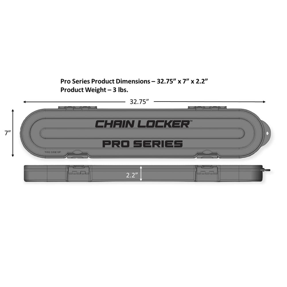 Housse de protection de chaîne Chain Locker Pro Series en gris avec les dimensions du produit 32,75 x 7 x 2,2 pouces, illustrée de haut en bas et de côté