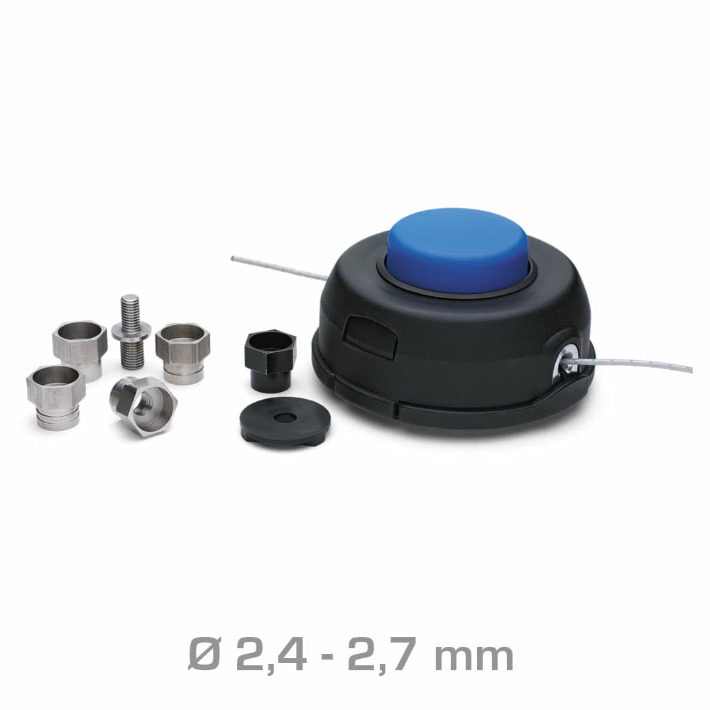 Canette T35 Universal Line avec boîtier noir et bouton bleu, plus sept pièces différentes en métal et en plastique de différentes formes et tailles, filetage Ø 2,4 - 2,7 mm