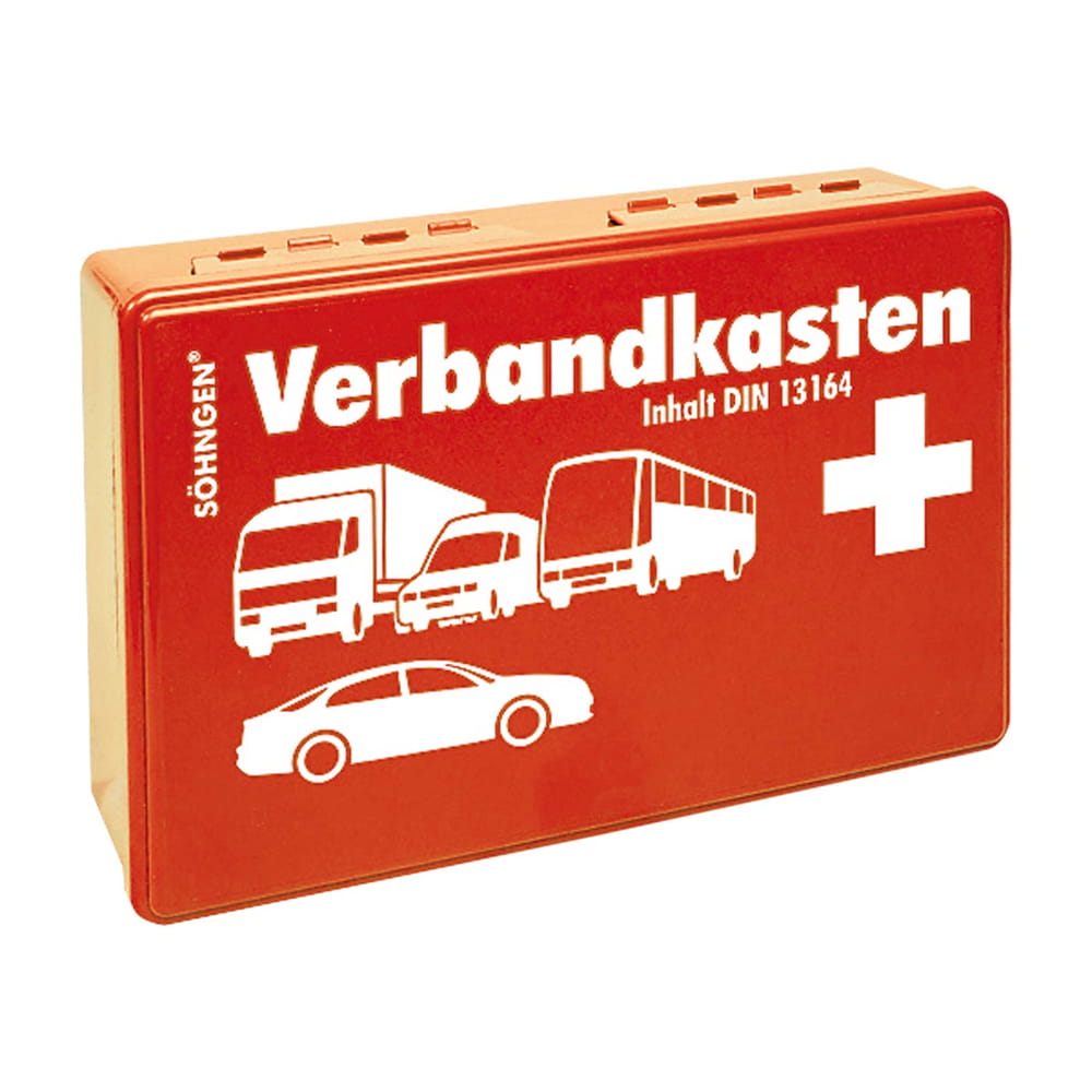 Trousse de premiers secours Söhngen dans un boîtier en plastique rouge avec des impressions de véhicule blanches, une croix blanche et l’inscription « Contenu de la trousse de secours DIN 13164 »