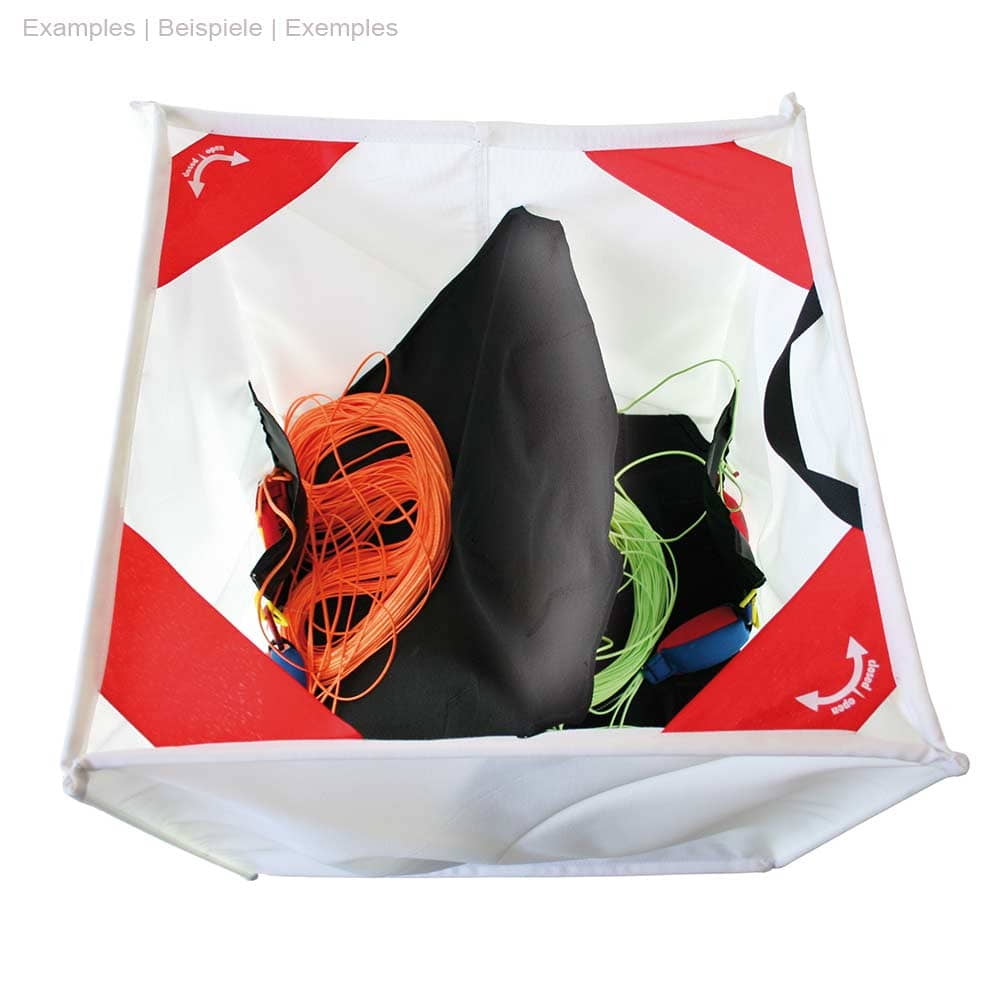 Seau pliant DOUBLE par le haut avec intérieur rouge et noir et cordon orange et vert à l’intérieur