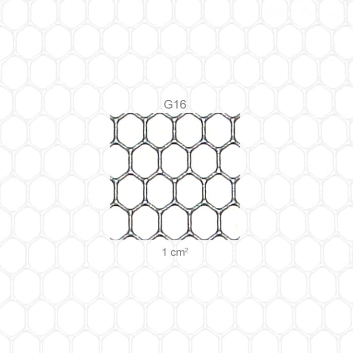 PROTOS® Visor Coarse G16, gros plan du filet à mailles hexagonales avec inscription « G16 » et mesure 1 cm²