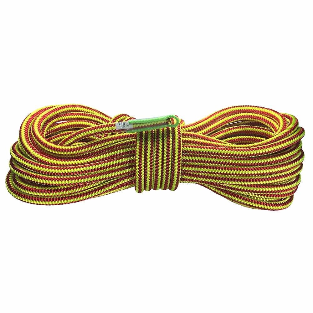 Corde spiralée XP-e Highlight avec motif rouge et jaune et housse de protection verte sur la boucle