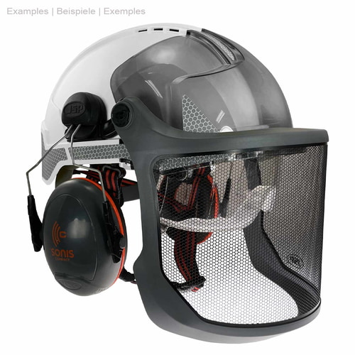 Evoguard M3 Forestry Visor avec cadre gris et tissu en maille noire sur un casque blanc avec écouteurs