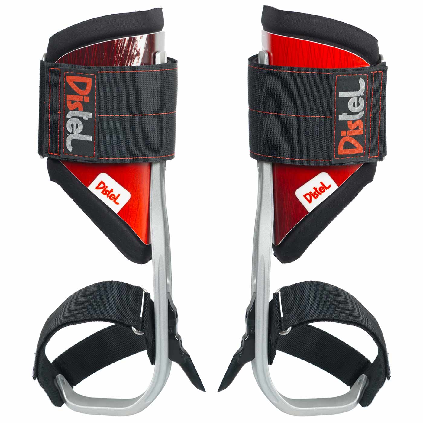 Distel Alu 3.1 Velcro de Distel, deux éperons de pied avec velcro noir et pièces en bois rouge, légèrement photographiés sous un angle différent