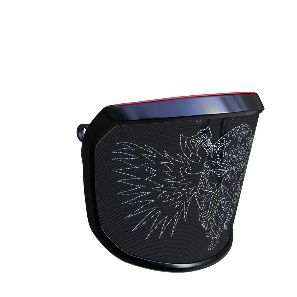 Vue latérale de la visière PROTOS® édition spéciale avec cadre noir et visage de viking blanc avec ailes sur fond noir