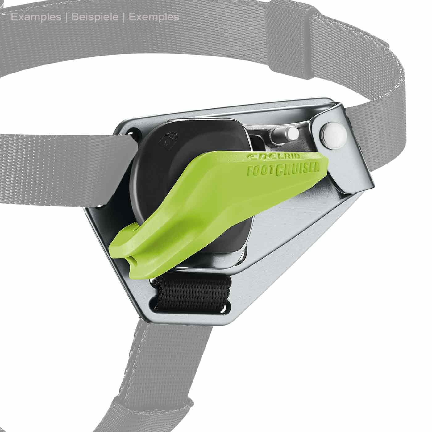 Levier de verrouillage Foot Cruiser L vert clair avec corps de base noir fixé à une sangle grise et support en métal