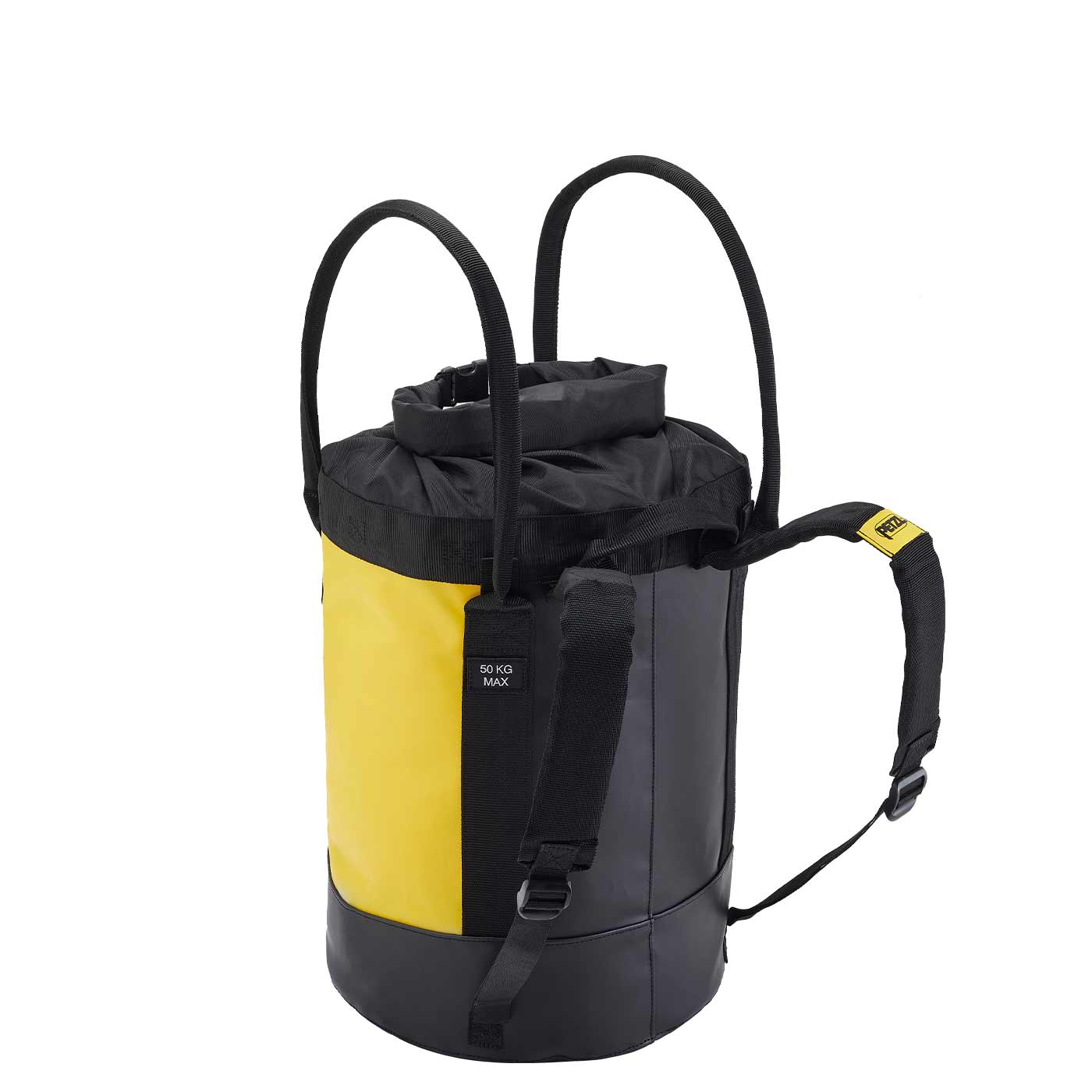 Conteneur PETZL Bucket 30 jaune et noir avec sangles de transport et bretelles rembourrées, vue arrière