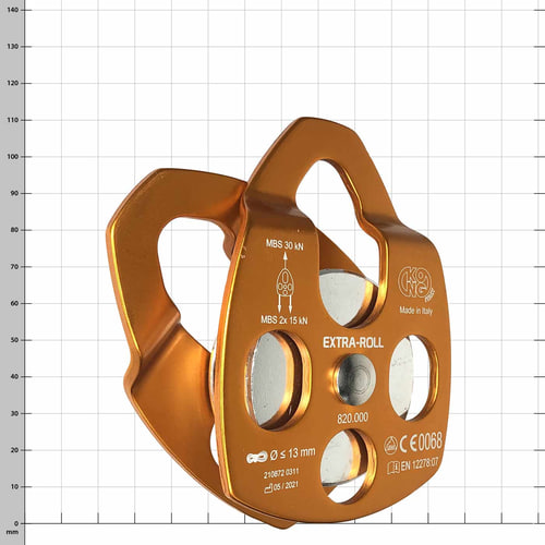 Extra Roll, poulie orange avec axes en métal argenté, fabricant KONG, Made in Italy, photographiée sous un angle légèrement différent avec des spécifications techniques à l’avant