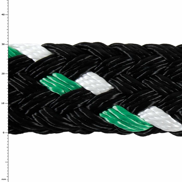 GEFA 10T PES vert, gros plan d’une corde tressée avec des fibres noires, blanches et vertes