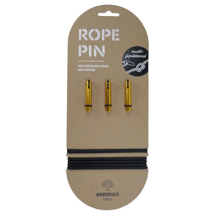 Épingle à corde 10 d’Arborixx Tools, trois épingles orange avec boucles noires sur un emballage marron avec texte et élastique noir