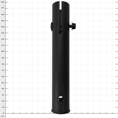 Tube supérieur ArboRapid de Berger, tube cylindrique noir avec vis et ouvertures, sur fond blanc avec dimensions de grille