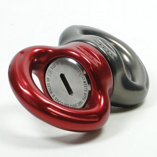Axe Swivel L, fermeture pivotante horizontale avec anneau métallique rouge et gris, inscription visible sur le disque argenté