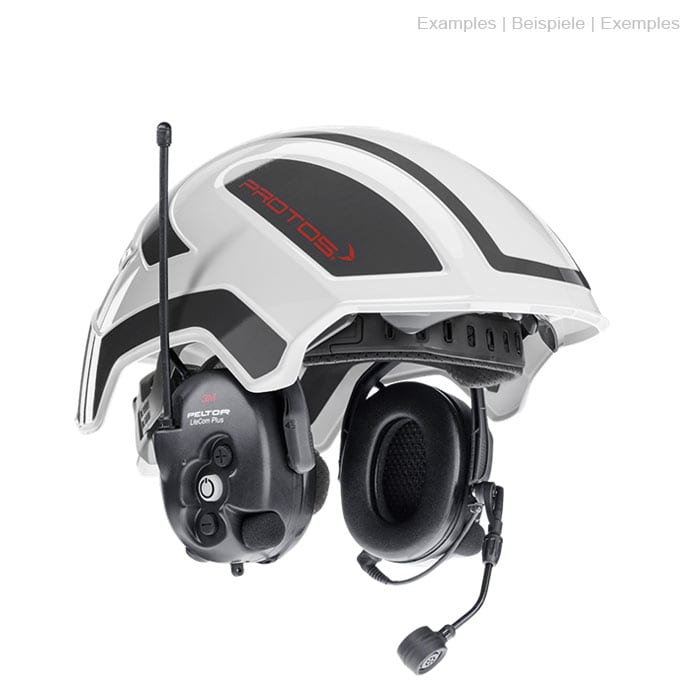 Casque PROTOS® blanc avec lettrage noir et rouge, casque de communication noir monté avec microphone et antenne