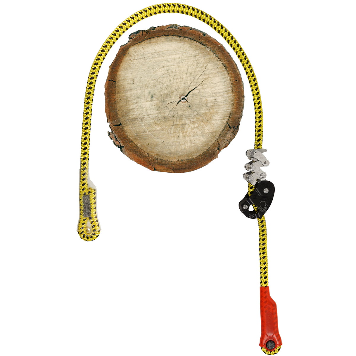 Dispositif de sécurité court Zillon à motif jaune et noir, attaché à un morceau de bois, avec des pièces métalliques et plastiques à l’extrémité de la corde