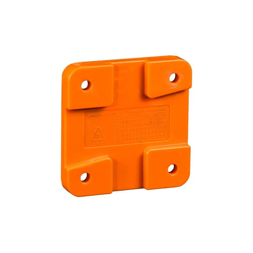 Plaque de montage carrée universelle orange avec quatre trous de montage et coins surélevés, vue arrière