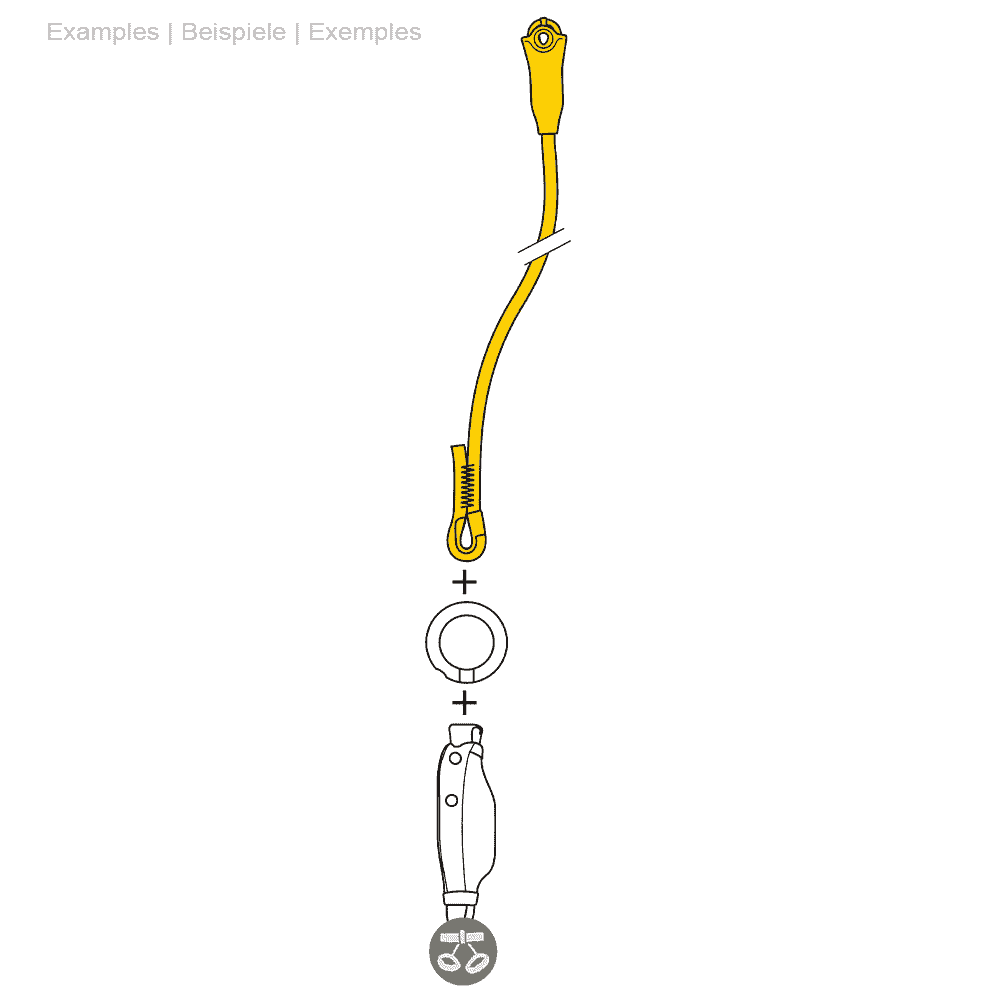 Dessin d’un appareil d’assurage jaune avec une corde, un anneau et une autre partie en dessous, inscription en anglais, allemand et français Jane-I