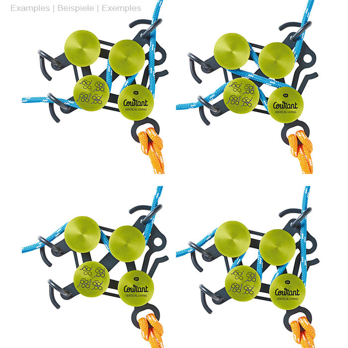 Produit Hulk avec des éléments ronds verts et un cadre en métal noir, relié par des cordes bleues et oranges dans diverses dispositions
