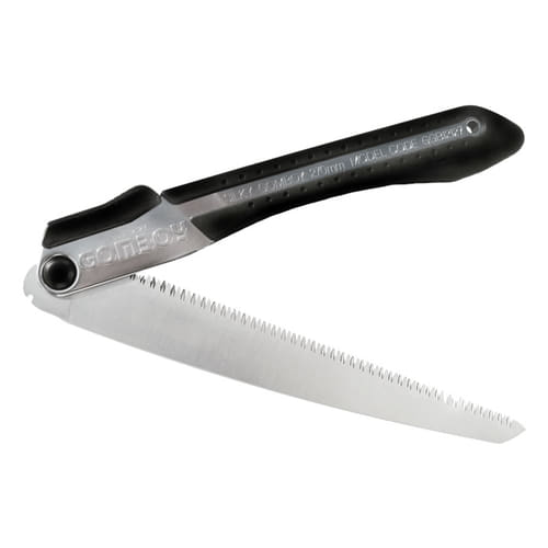 Gomboy 270-10 Scie pliante à moitié ouverte avec poignée noire et lame de scie argentée, nom du fabricant Gomboy visible