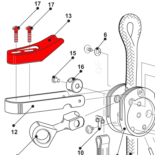 Dessin technique avec pièces individuelles numérotées, y compris le bois de frein rouge SpiderJack 2.1, diverses vis, disques et autres composants