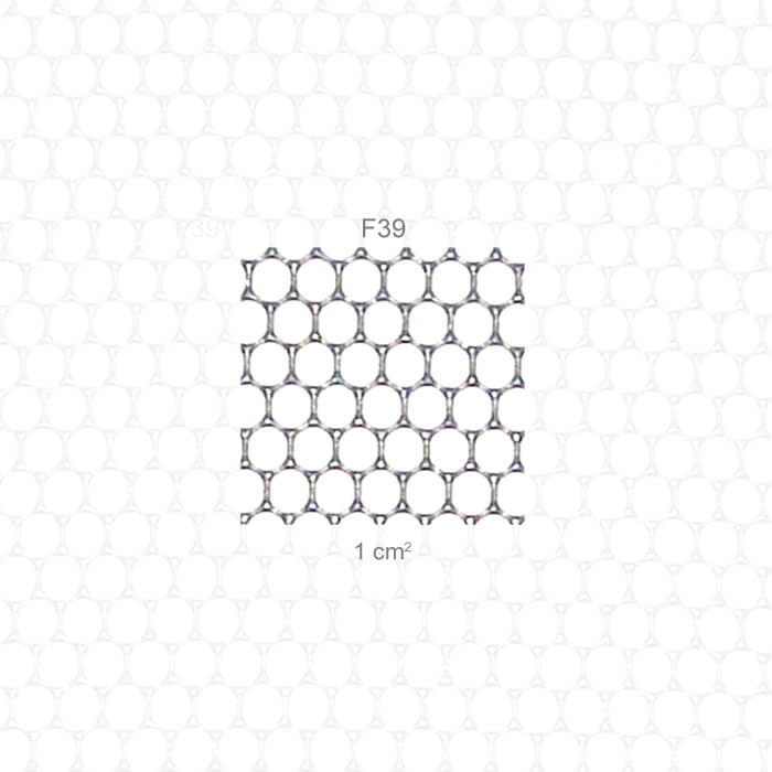 Gros plan sur le treillis fin de la visière PROTOS® Fine F39 avec l’inscription F39 et 1 cm² comme référence de taille