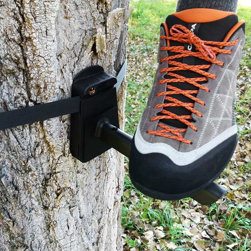 Tree-Monkey Steppers socle en métal noir avec bloc de fixation noir fixé au tronc d’arbre, chaussure grise avec lacets orange sur socle en métal