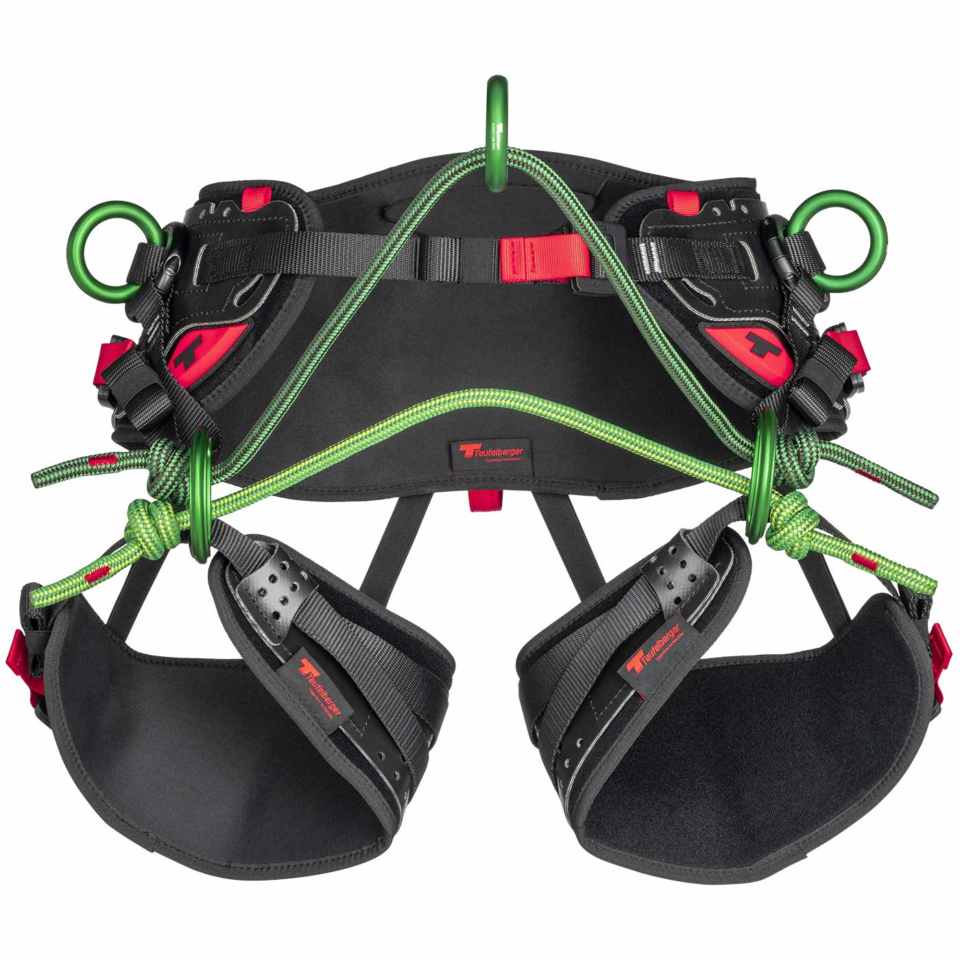 Harnais d’accrobranche treeMOTION Essential X en noir avec anneaux en métal vert et cordes vertes, fabricant Teufelberger
