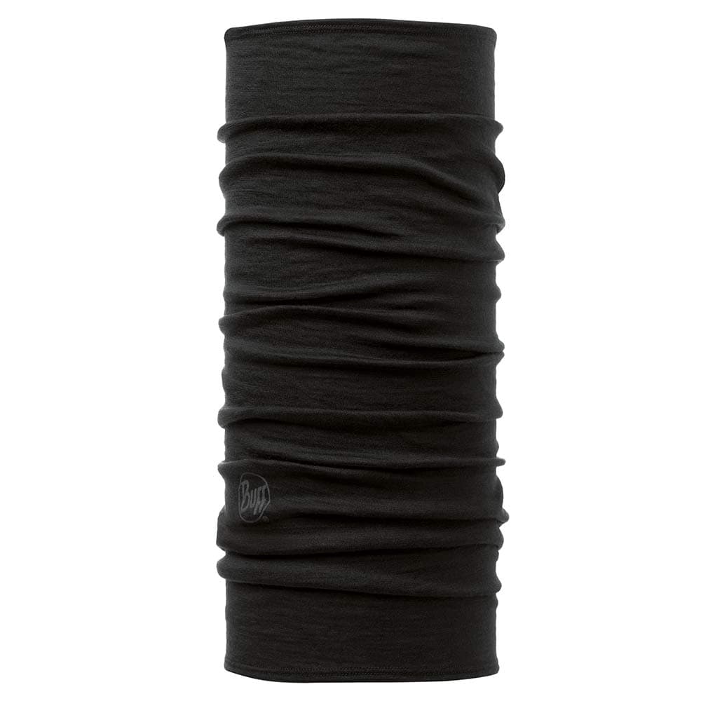 Écharpe tube BUFF en laine mérinos noire avec logo BUFF facilement visible sur le bord