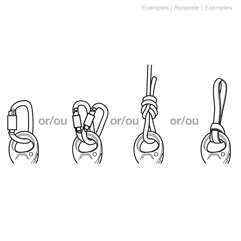 Dessin en noir et blanc de quatre types d’attache différents pour la poulie Petzl Spin L1 avec mousquetons et boucles de corde