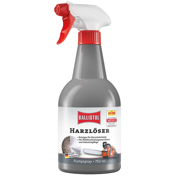 Ballistol Harzlöser 0.75 Pumpspray in einer durchsichtigen Kunststoffflasche mit rotem Sprühkopf und weißem Etikett mit rotem Ballistol-Logo und Produktinformationen, Inhalt 750 ml