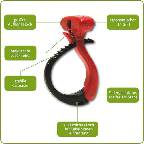 Enrouleur de câble XL, clip en plastique rouge et noir avec des caractéristiques étiquetées telles qu’un grand trou de suspension, un levier de déverrouillage pratique, des cosses encliquetables robustes, une poignée en T ergonomique, un joint à ressort e