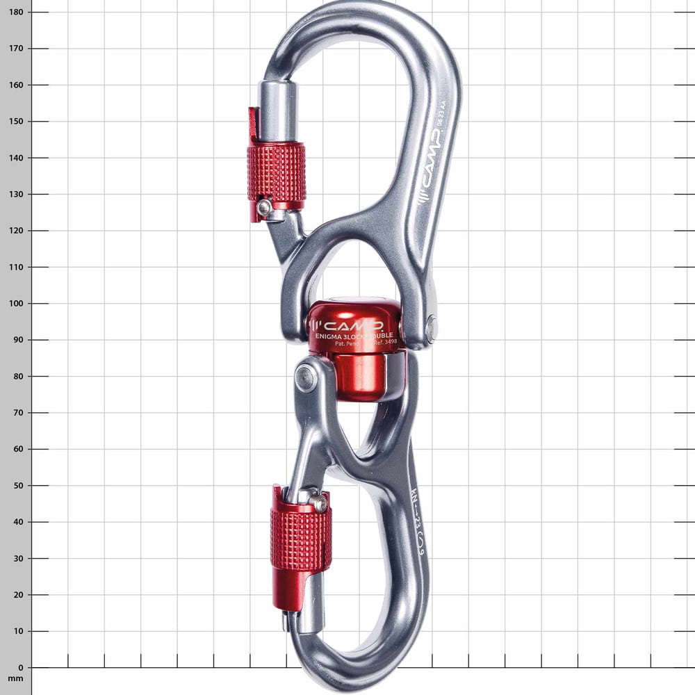 Enigma 3Lock Double de CAMP, mousqueton argenté avec capuchons à vis rouges et partie centrale pivotante, sur fond à carreaux