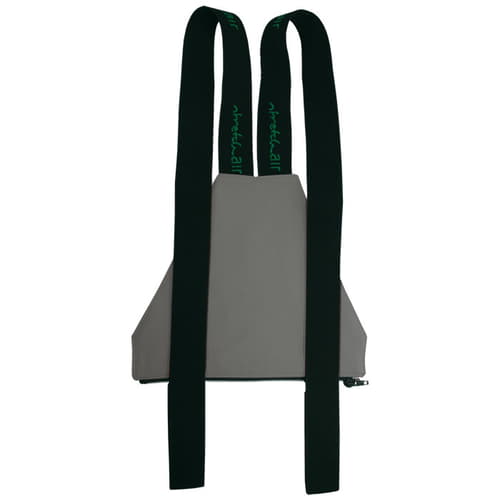 Salopette zippée grise avec bretelles noires, nom du fabricant sur les bretelles vertes