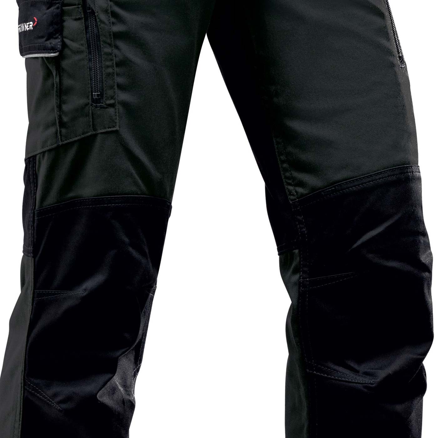 Gros plan du pantalon StretchFlex® Cancool noir avec genoux et poches renforcés, focus sur le milieu de la jambe